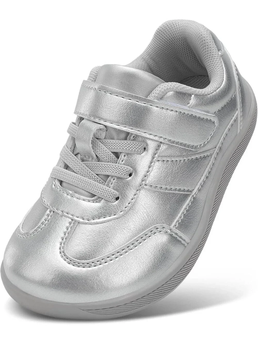 Toddler Silver Faux Leather Boys Girls Wide Toe Zero Drop Barefoot Shoe Sneakers